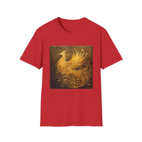 Mythical phoenix rising from ashes charcoal t-shirt, symbolizing renewal and rebirth.