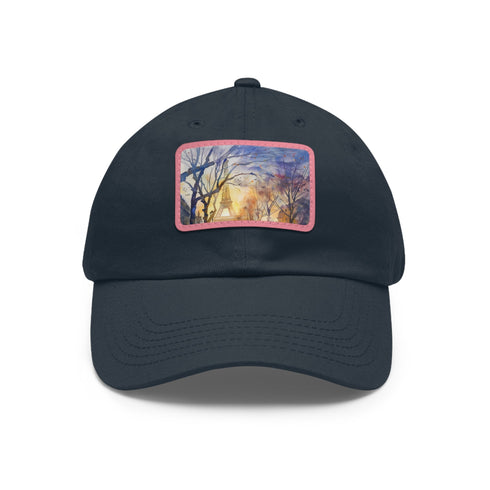 Eiffel Tower watercolor baseball cap with Parisian charm in white.