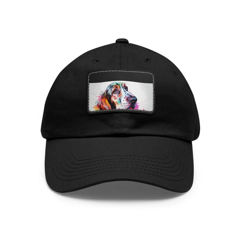 Stylish white baseball cap with adorable basset hound patch.