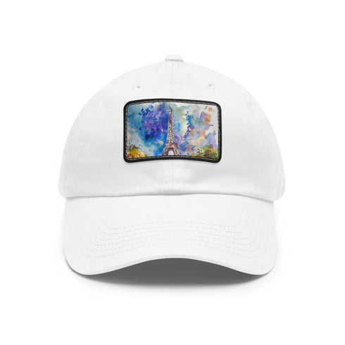 Eiffel Tower Dreams watercolor baseball cap in white with light brown patch.