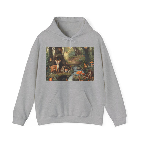 Serene forest navy hoodie with woodland creatures peeking through trees.