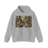 Serene forest navy hoodie with woodland creatures peeking through trees.