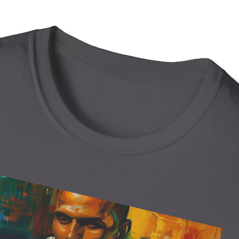 Charcoal cotton T-shirt featuring a vibrant Harry Belafonte portrait