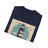 Charcoal crew neck t-shirt with hand-drawn lighthouse illustration in regular fit