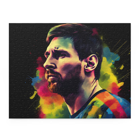 Messi watercolor neon jigsaw puzzle featuring vibrant colors for fans.
