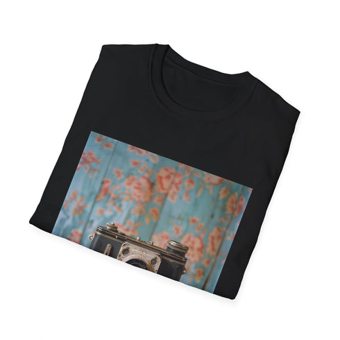 Vintage charcoal t-shirt featuring a detailed camera and film reel graphic