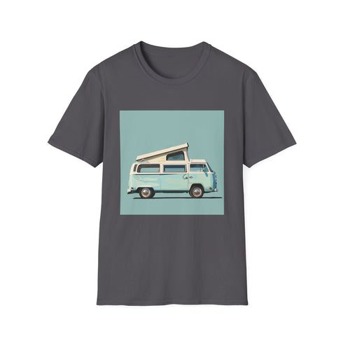 Vintage camper van adventure tee in charcoal, size small.