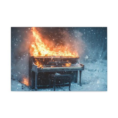 Burning Piano in Snowstorm Stretched Canvas Wall Art