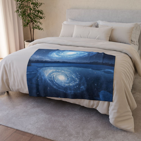 Spiral Galaxy Mirrored in a Frozen Lake Plush Fleece Throw Blanket