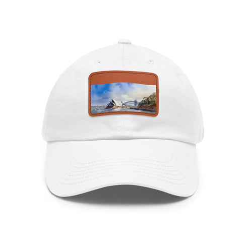 Sydney skyline baseball cap in white with light brown rectangle patch.