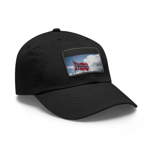 White baseball cap with red, white, and blue Norwegian flag patch.