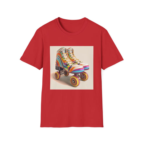 Retro roller skate inspired t-shirt in charcoal with vibrant stripes.