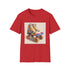 Retro roller skate inspired t-shirt in charcoal with vibrant stripes.