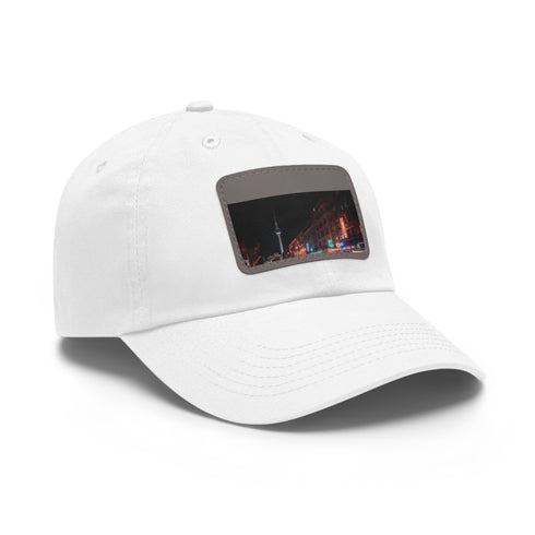 Berlin Night Skyline Cap in White with Light Brown Patch and Rectangle Shape.