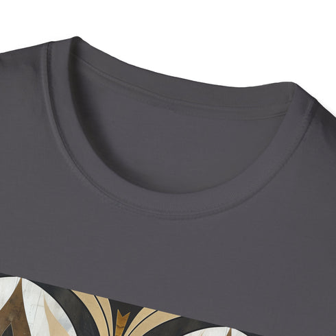 Charcoal cotton t-shirt featuring vibrant abstract art deco patterns