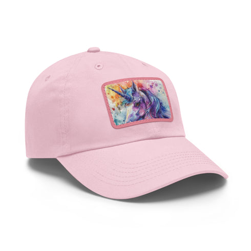 Magical watercolor unicorn baseball cap in white with light brown patch.