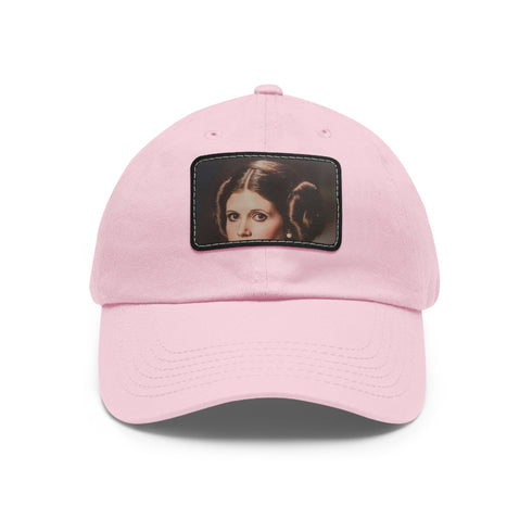 Galactic Princess Leia embroidered white baseball cap with light brown rectangle patch.
