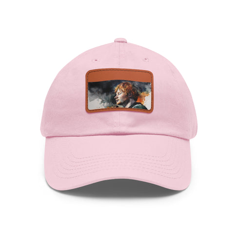 Ed Sheeran watercolor splatter hat with light brown patch.