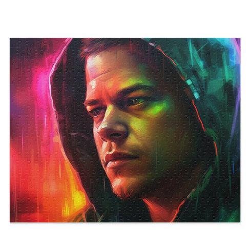 Matt Damon neon watercolor puzzle with vibrant colors for fans and art lovers.