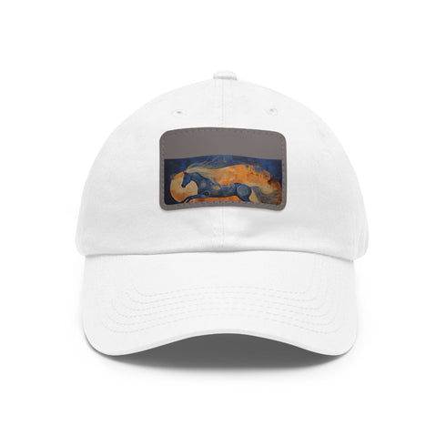 Abstract horse design on white cotton baseball cap with light brown patch.