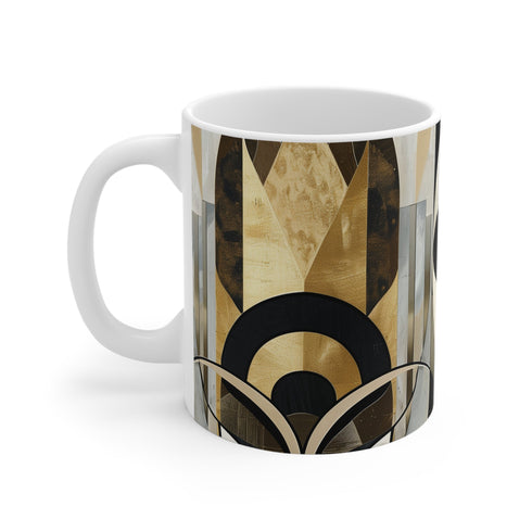 Abstract art deco ceramic coffee mug, 11 oz, sophisticated kitchen decor.