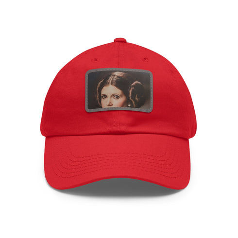 Galactic Princess Leia embroidered white baseball cap with light brown patch.