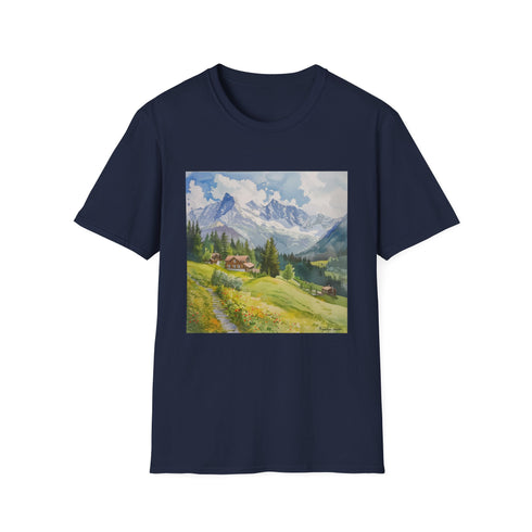 Charcoal crew neck t-shirt with Swiss Alps watercolor design promoting inner peace