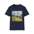 Charcoal crew neck t-shirt with Swiss Alps watercolor design promoting inner peace