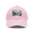 Swiss Alps watercolor baseball cap in white with light brown patch.