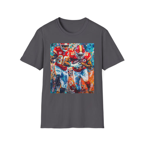 Charcoal cotton t-shirt featuring dynamic Chiefs victory painting captures triumphant spirit