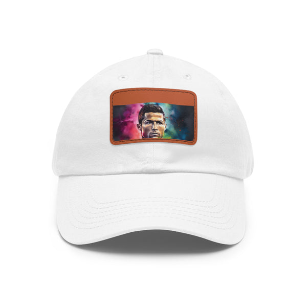 Neon watercolor Ronaldo cap in white with light brown patch.