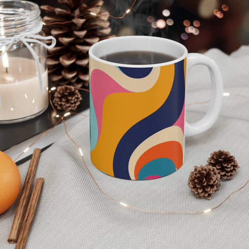 Vibrant retro waves ceramic coffee mug for bright morning routines.