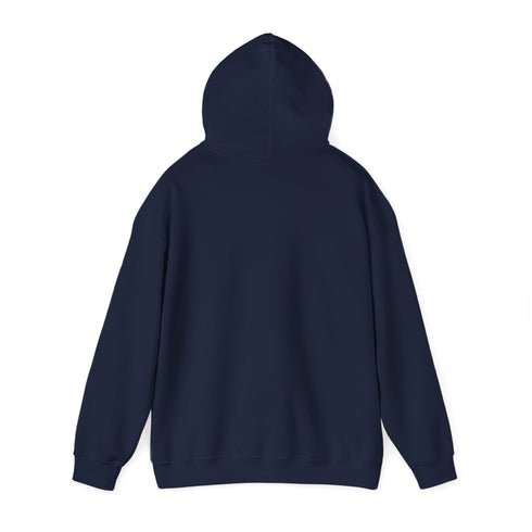 Fantasy landscape navy hoodie with mountain and waterfall design.