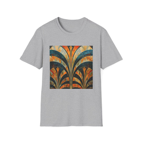 Charcoal abstract art deco patterned T-shirt with soft breathable cotton fabric