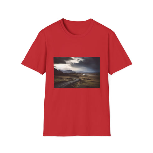 Charcoal crew neck t-shirt with vibrant Icelandic landscape design