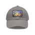 White Eiffel Tower watercolor baseball cap with light brown patch.