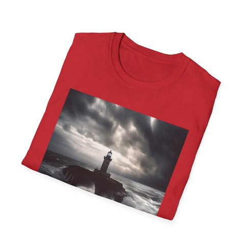 Charcoal cotton T-shirt depicting resilient lighthouse amidst crashing waves