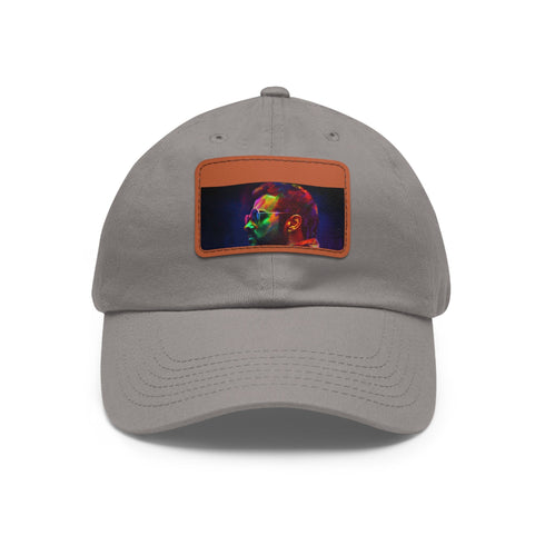 George Michael watercolor neon baseball cap with light brown patch.