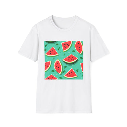Charcoal crew neck T-shirt with vibrant watermelon and floral summer pattern