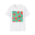Charcoal crew neck T-shirt with vibrant watermelon and floral summer pattern