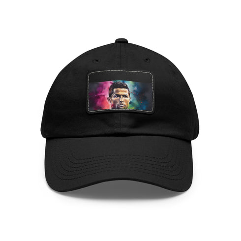 Neon watercolor Ronaldo cotton hat with light brown rectangle patch.