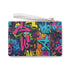 Neon graffiti clutch bag with bold urban pattern in bright colors.