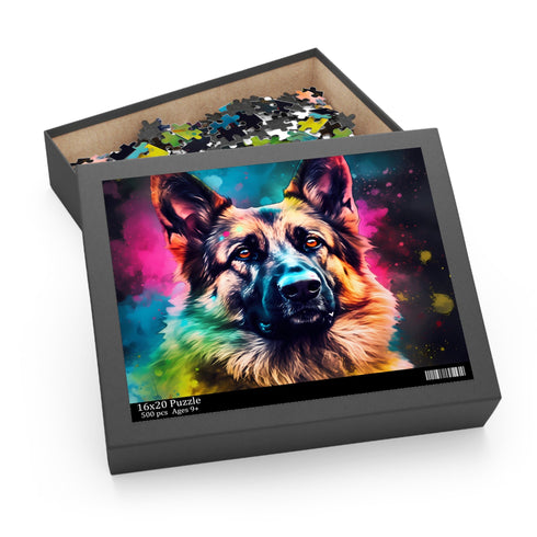 Charming jigsaw puzzle featuring cute German Shepherd dog face.