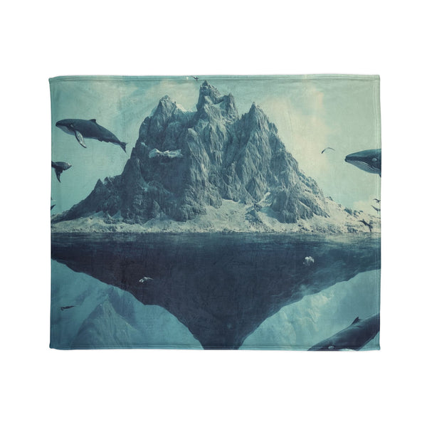 Floating Mountain Surrounded by Whales ā Plush Fleece Throw Blanket ā Draped Over Sofa & Bed Lifestyle View