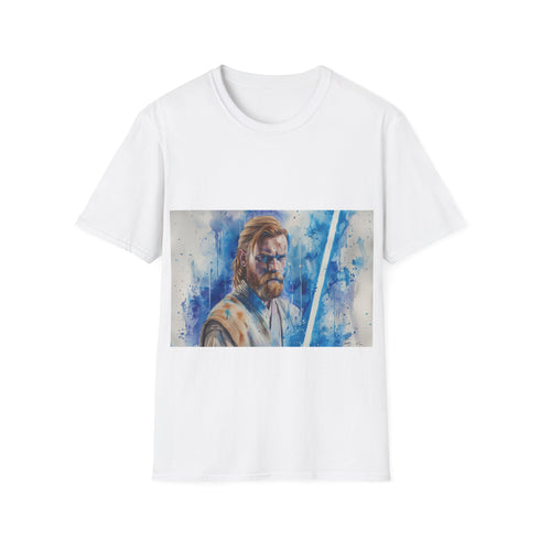 Blue cotton crew neck t-shirt with ObiWan lightsaber print.