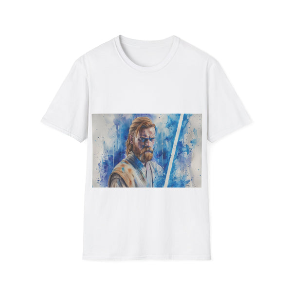 Blue cotton crew neck t-shirt with ObiWan lightsaber print.