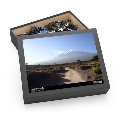 Vibrant jigsaw puzzle of Mount Kilimanjaro Tanzania peak under sunny sky.