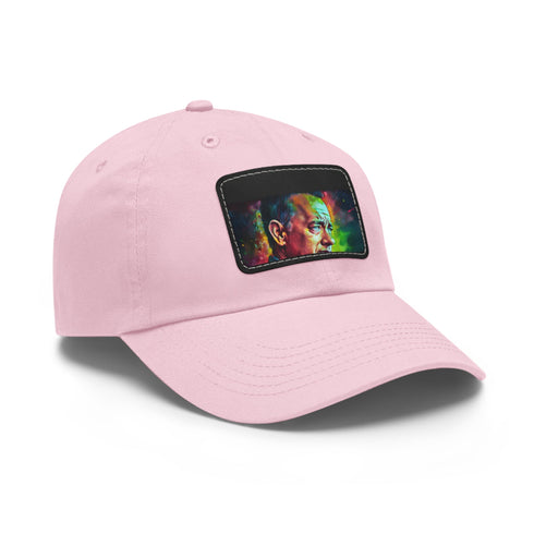 Neon watercolor baseball cap with light brown patch in rectangle shape