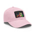 Neon watercolor splatter hat with light brown patch and rectangle design.