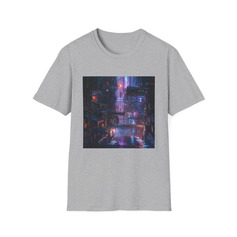Cyberpunk charcoal T-shirt with neon cityscape print and regular fit